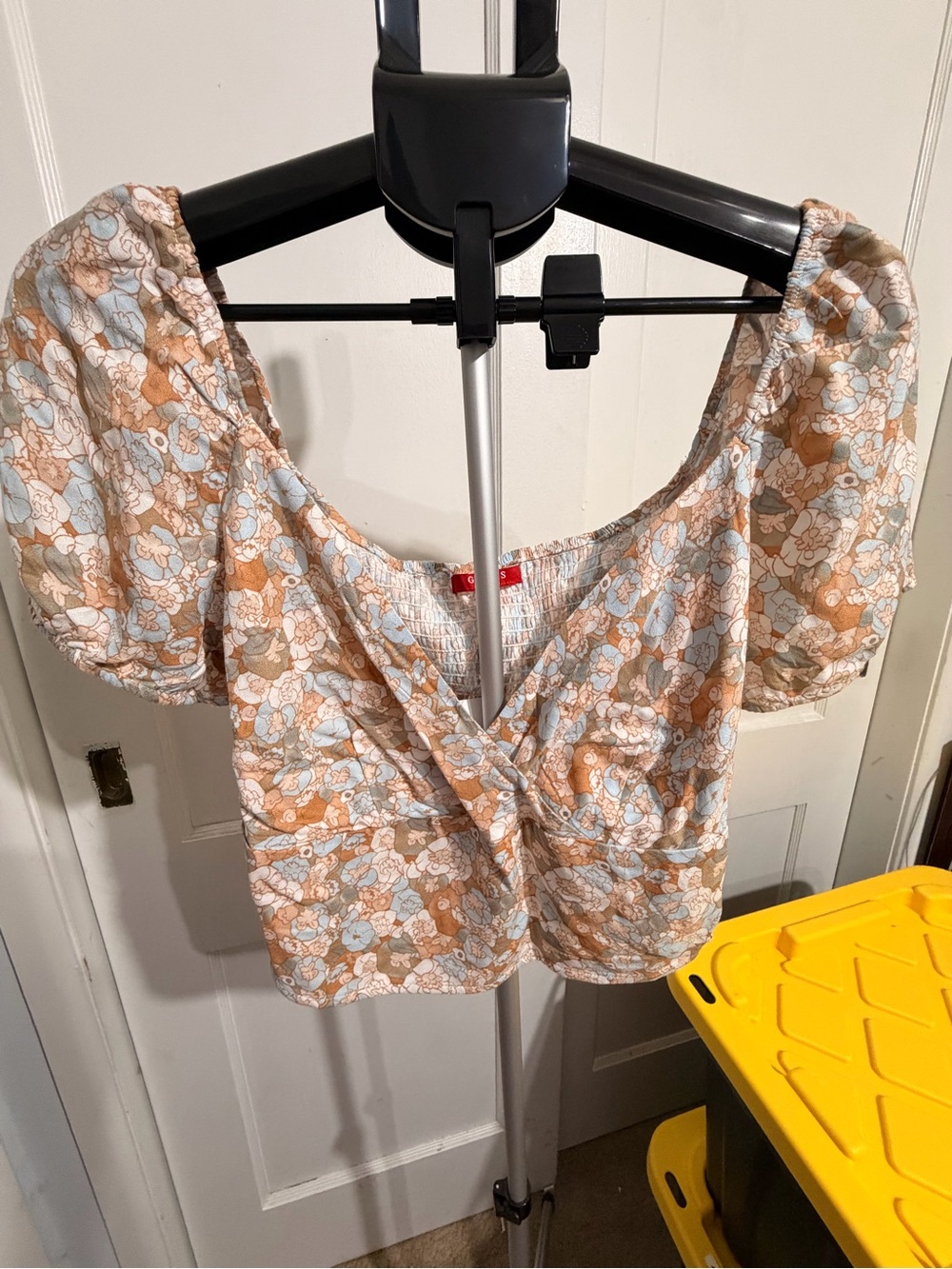 Guess Floral Puff-Sleeve Crop Top in Beige & Light Blue